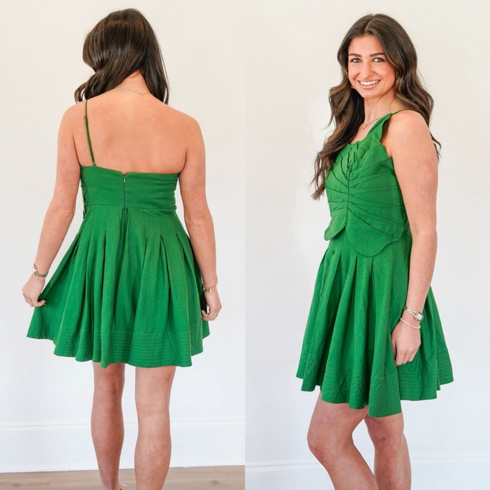 Farm Rio One-Shoulder Lea Mini Dress Green Linen Blend Size Medium - Picture 4 of 16